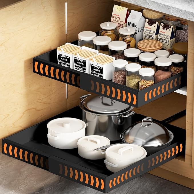 1 Pack Pull out Cabinet Organizer Expandable Width(12"-20") and 21"Depth, No Drill Adjustable Slide Out Drawers for Kitchen, Cabinets With 3 Slide Rails,Magnetic Panel, Adhesive Roll out Shelves