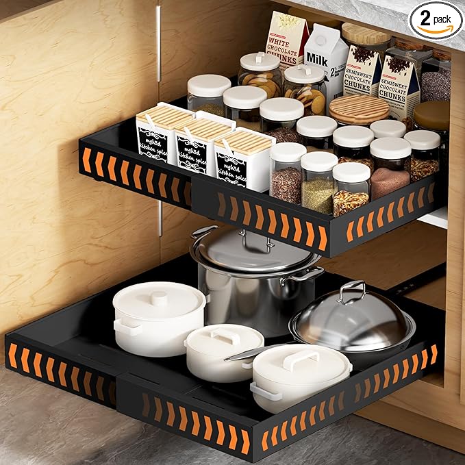 2 Pack Pull out Cabinet Organizer Expandable Width(12"-20") and 21"Depth, No Drill Adjustable Slide Out Drawers for Kitchen, Cabinets With 3 Slide Rails,Magnetic Panel, Adhesive Roll out Shelves