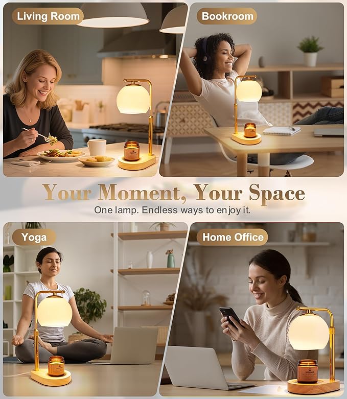 White Glass Candle Warmer Lamp Adjustable Height Dimmer 2 4 8 Hour Timer Natural Wood Base Wax Melter Includes Scented Candle and 2 Bulbs for Bedroom Living Room Modern Minimalist Decor