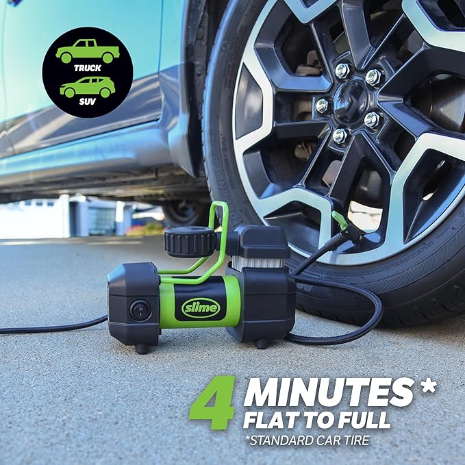 Slime 40045 Home Tire Inflator, Wall Mounted 120V, SUV, 4x4 Air Compressor, Heavy Duty, 2X Pro Power, with Analog 100 psi Dial Gauge, Long Hose and LED Light, 4 min Inflation