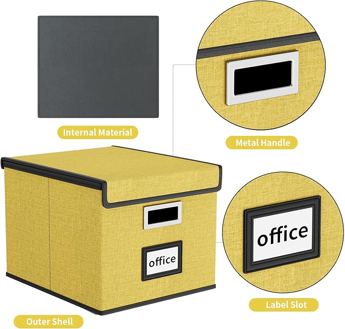 Huolewa File Organizer Box with Lid, Collapsible File Folder Organizer for Office Document Storage, Filing Box with Plastic Slide for Letter Size Hanging Files(1 Pack, Yellow)