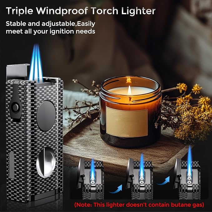 5-in-1 Torch Lighter, Built-in Multi-Functional Accessories, Punch, Draw Enhancer Tool, Holder, Triple Jet Flame, Premium Gifts for Men/Women, Butane Refillable Windproof Lighter for Candles, Travel