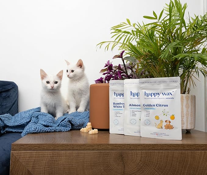 Happy Wax Pet Scents Mix Premium Scented, Non Toxic, Pet Safe, Odor Eliminating, Dye-Free Soy Wax Melts – 6 Total Oz: Almond Blossom for Dogs, Bamboo & White Tea for Cats and Golden Citrus for Pets