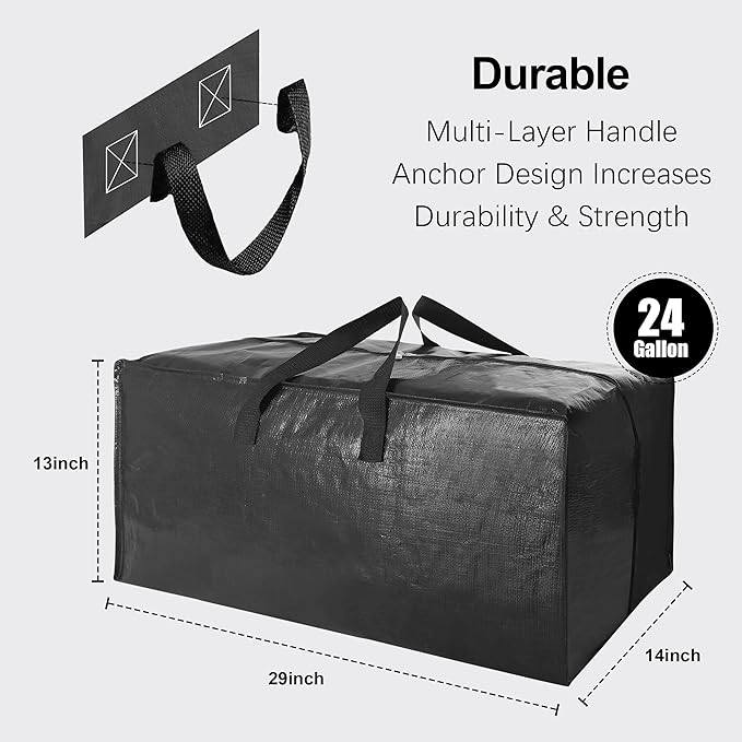 VELVETSURE Heavy Duty Extra Large Moving Bags W/Backpack Straps - Strong Handles & Zippers, Storage Totes For Space Saving, Fold Flat, Alternative to Moving Box and Storage Bin (Set of 6, Black)