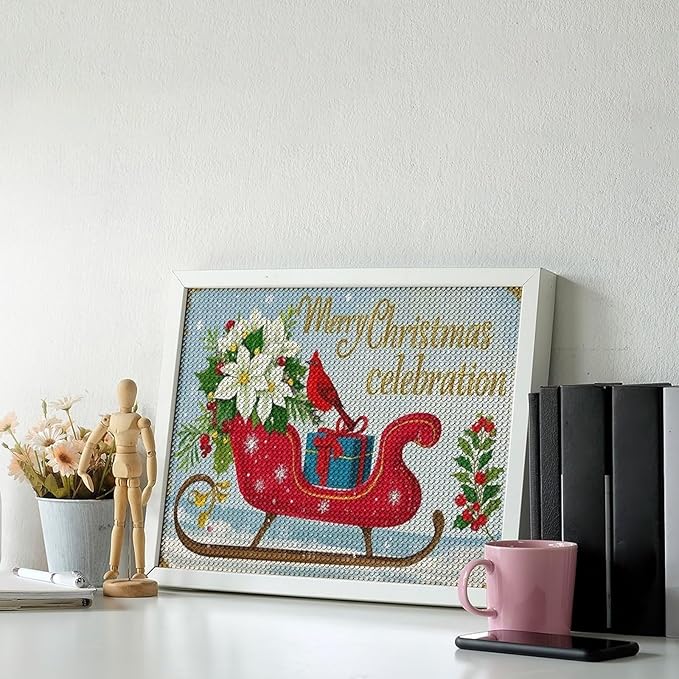 Diamond Painting Kits for Adults - Red Sleigh with Poinsettias, Cardinal Bird Merry Christmas Painting DIY 5D Full Drill Diamond Dots Paintings with Diamonds Gem Art And Crafts Home Decor 12"x16"