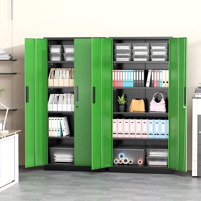 Greenvelly Metal Garage Storage Cabinet, 72" Tall Steel Storage Cabinets with Doors and Adjustable Shelves, Metal Tool Cabinets, Locking File Cabinet for Home Office, Garage, School (Black&Green)