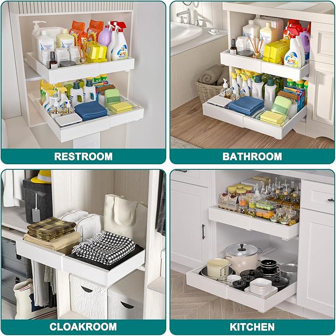 2 Pack 21'' Deep Pull Out Cabinet Organizer Expandable Width (12.6'' to 21'') Slide Out Drawers Pull Out Drawers Fixed with Adhesive Nano Film or Nail for Kitchen Bathroom Organization, White
