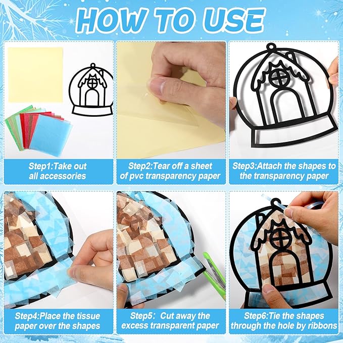 Qyeahkj 36 Set Winter Christmas Suncatchers Craft Kit for DIY Santa Snowman Reindeer Globe Tissue Paper Craft Kit Hanging Decor for Xmas Home Activity Art Project Birthday Party Favor Gift