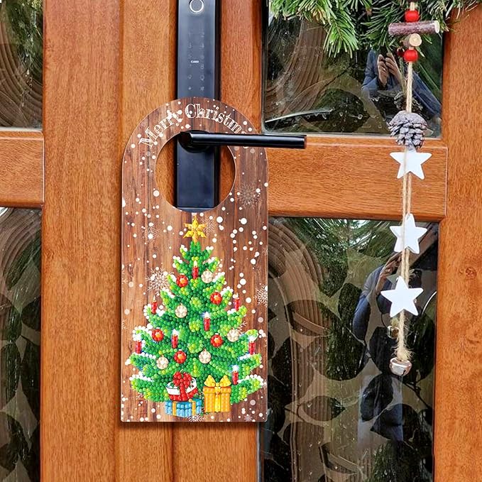 5D Diamond Dots Wood Christmas Door Knob Hanger Ornaments DIY Kit Diamond Art Painting Christmas Tree Hanging Sign Doorknob Pendant Special Shaped Crystal Paint by Number Stitch Room Front Door Decor