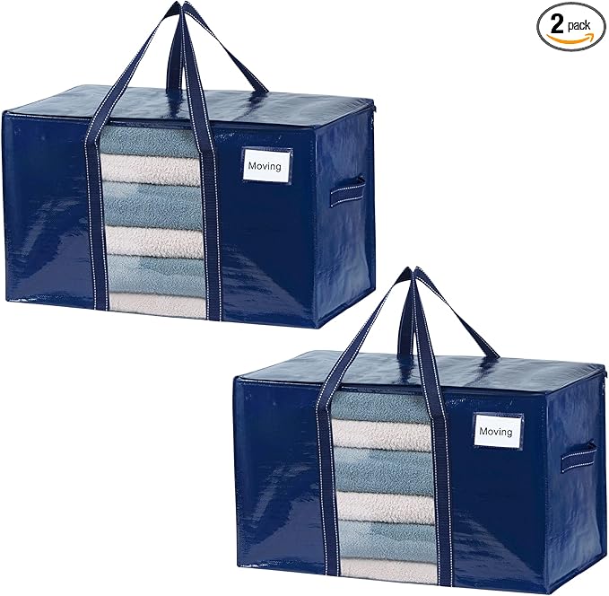 VENO 2 Pack Moving Bags with Clear Window, Heavy Duty Storage Bins with Lid, Around Handles, Tag, Zippers, Extra Large Totes Packing Moving Boxes Supplies for College Dorm Clothes (Blue, 2 Packs)