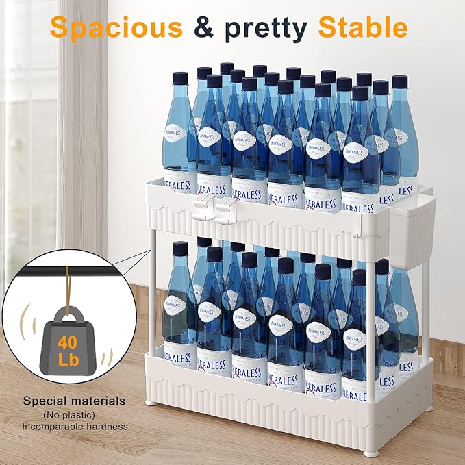 2 Pack Under Sink Organizer, Under Bathroom Cabinet Organizer with Hooks Hanging Cup, Multi-Purpose Storage Shelf for Kitchen Bathroom (White, 12.8 Inch)
