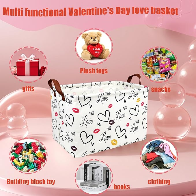 Valentine's Day Basket Gift for Empty Cute Heart Large Storage Bin for Kid and Baby Room Décor (Lips Love)