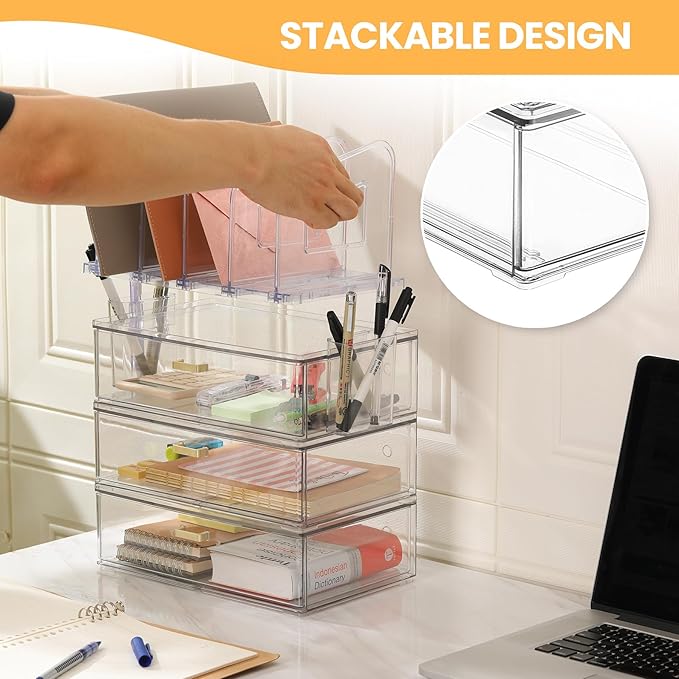 LALOBLUE Acrylic Desk Organizer with 4-Vertical File Holder Rack, 3-Clear Drawer and 2 Pen Holders, Desktop Storage for Office Desk Accessories School Classroom Organization (Clear)