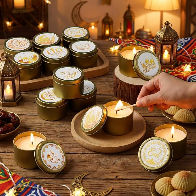 Nuanchu 24 Pack Eid Mubarak Scented Candles Gift 2 oz Golden Star and Moon Design Ramadan Aromatherapy Soy Wax Jars Lasting Bulk Favors for Home Islamic Holiday Party Decor