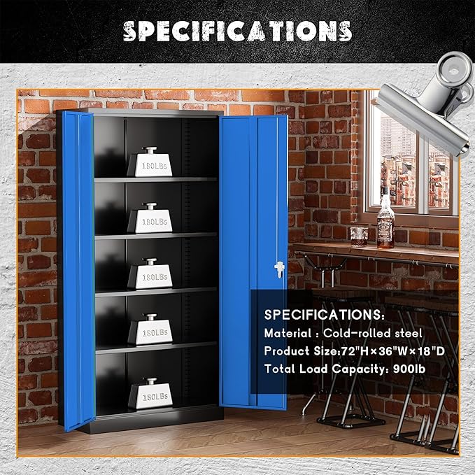 Greenvelly Metal Garage Storage Cabinet,72" Steel Storage Cabinets with Doors and Adjustable Shelves, Metal Tool Cabinets, Locking File Cabinet for Home Office, Garage, School (Black Blue36 Wx18 D)