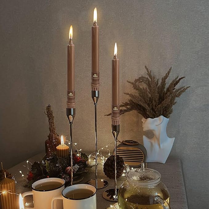 Brown Short Taper Candle 8 Inch Candlesticks Unscented Dripless Tapered Candle Set for Home Decor Wedding Party Dinner Candles, 4 Pack