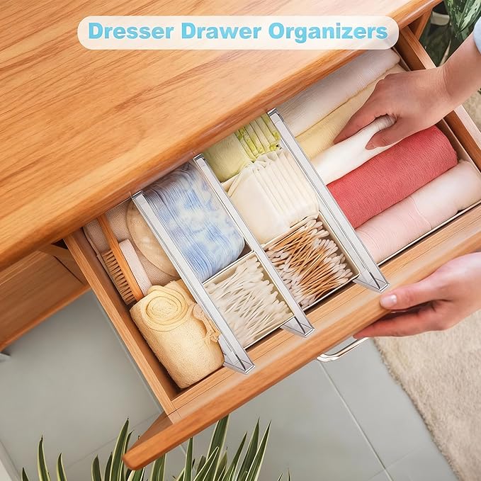 6 Pack Adjustable Drawer Dividers - 4" High Clear Expandable Dresser Organizers 10"-17" Length, Transparent Drawer Separators for Clothes, Underwear, Cosmetics & Kitchen Utensils Storage