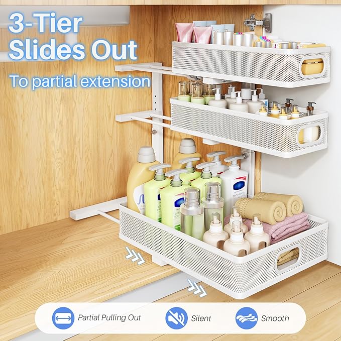 Under Sink Organizer, 2-Pack 3-Tier Thickened Metal Pull out Cabinet Organizer Shelf, Height Adjustable Slide out Storage Drawer Rack for Kitchen Bathroom Pantry Laundry Home Organization, White