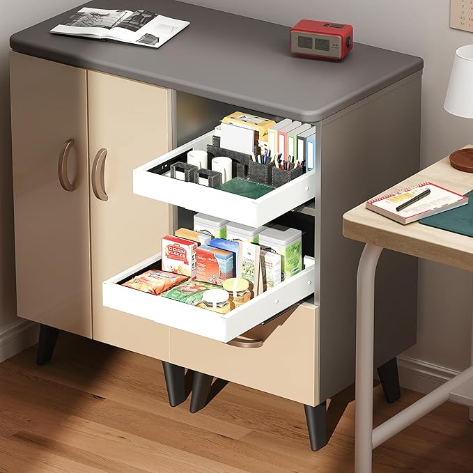 2 Pack Pull Out Drawers for Cabinets, Slide Out Drawer Expandable Width (10"-15") and Depth (11"-17") With 3 Slides, Fixed with Adhesive Film & Nail for Cabinets in Kitchen, Pantry or Bathroom - White