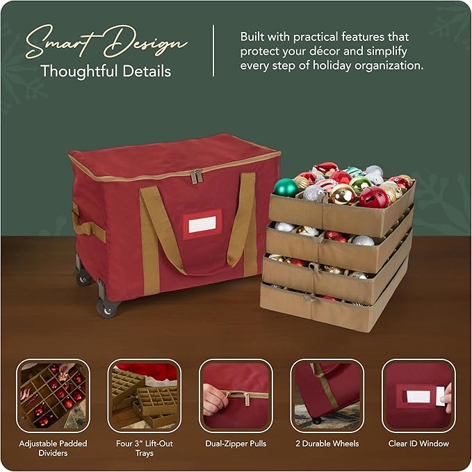 Covermates Keepsakes Rolling Adjustable Ornament Storage Bag – Heavy-Duty Polyester, FlexGrid Trays & Padded Dividers – Protective Holiday Organizer with Wheels, Handles & ID Window, Red