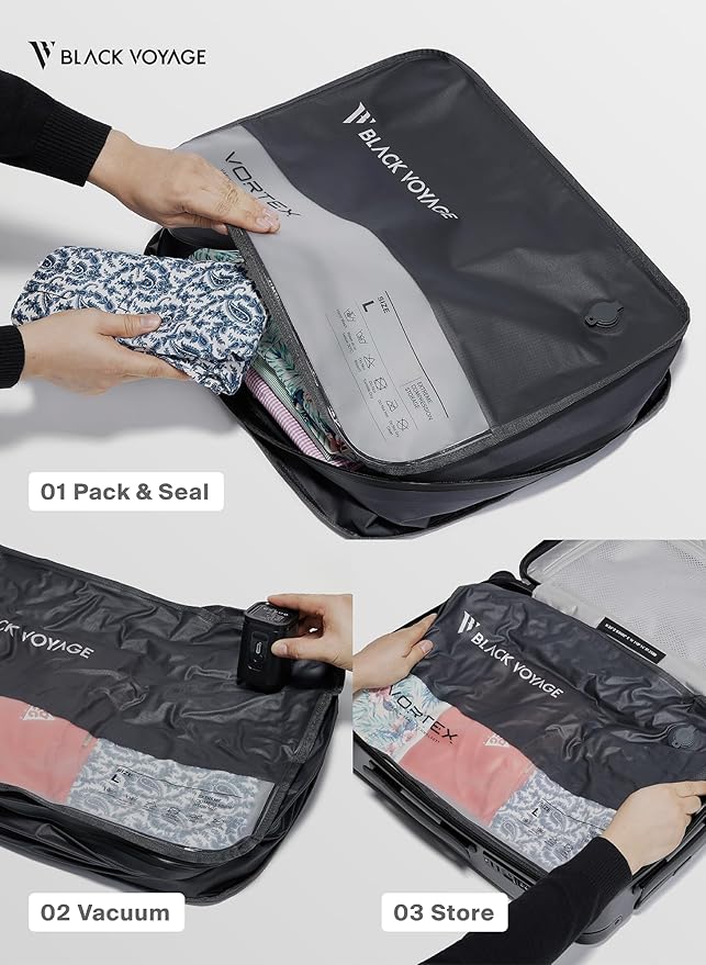 Black Voyage Reusable Vacuum Compression Travel Bag for Carry-On Suitcase and Backpack, Recycled IP67 Waterproof Space Saver Vacpack (1-Pack, 41L - Pump Included)