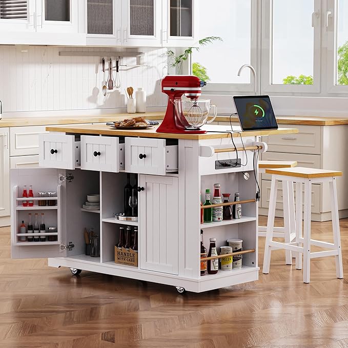Amposei Kitchen Storage Island on Wheels with 2 Bar Stools, Rolling Drop Leaf Kitchen Island Cart with Power Outlet, Open Side Racks, Door Shelves and Towel Bar, 53-Inch, White
