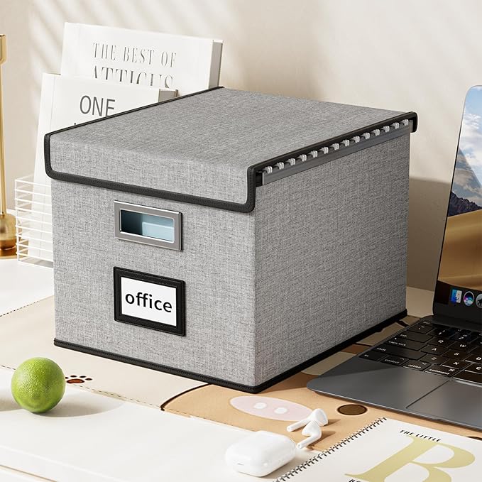 Huolewa Portable File Organizer Boxes Set of 4, Large Linen Hanging Office Document Storage Boxes with Lids, Collapsible Filing & Storage Boxes for Office/Decor/Home - 14.9 x 12.7 x 10.8 inch