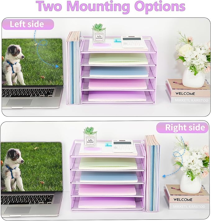 OPNICE Desk Organizer, 5-Tier Paper Organizer Letter Tray with Magazine Holder, Office Desk Accessories & Workspace Organizers, Desktop File Organizer for Office Supplies Storage, Purple