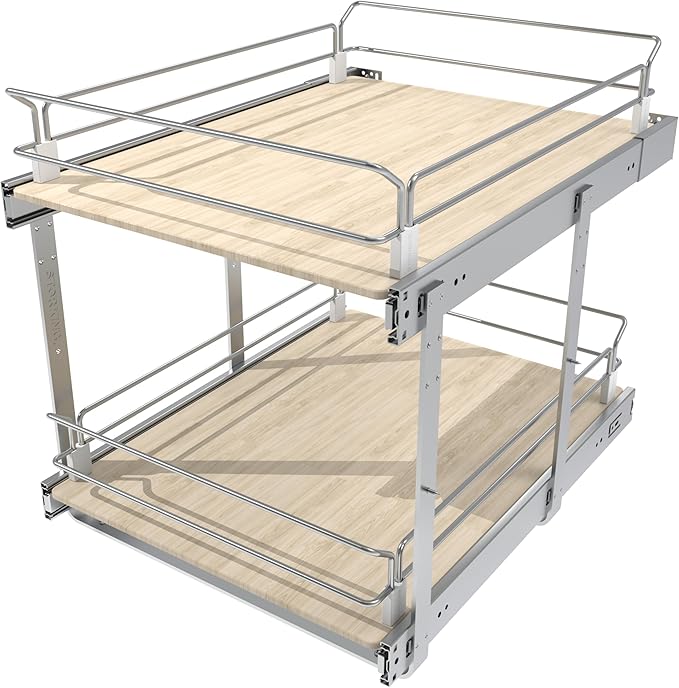 2 Tier Pull Out Cabinet Organizer 15" W X 22" D, Slide Out Drawers For Kitchen Cabinets, Pull Out Drawers For Cabinets Capacity Heavy Duty Caddy, Cabinet Pullout Shelves Wood Chrome, Pantry Storage
