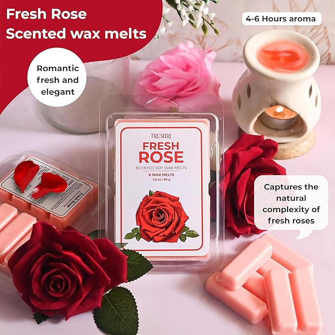 TRUMIRI Fresh Rose Scented Wax Melts - Made with Non Toxic Soy Wax and Essential Oils - Long Lasting Strong Scent Pet Safe Floral Candle Wax Cubes Tarts for Warmers Pack of 4