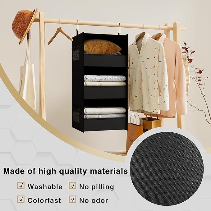 3-Shelf Hanging Closet Organizer and Storage, Foldable Hanging Closet Shelves Front Lip Design Washable Hanging Storage, Black
