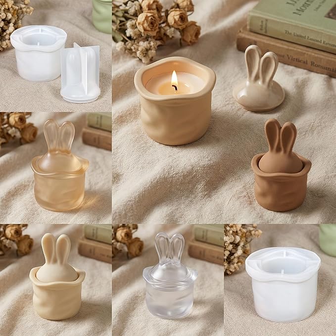 2-Piece Bunny Ear Storage Jar Silicone Mold Set, Lid & Base with Ergonomic Grip Design - DIY Candle Holder, Aromatherapy Plaster, Resin Craft Box for Home Decor, Easter Gift