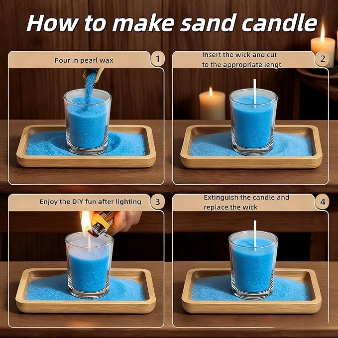 PHYMAT Unscented Candle Sand, 1.1LB Plant-Based Pearled Candles and 50pcs Wicks, Refillable Sand Candles with Wicks Kit for DIY Handmade Candle Making, Party, Wedding, Home Decor (Blue)
