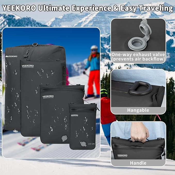 6 Set Vacuum Bags for Travel, Professional IPX8 Reusable Organizer, Compression Packing cube for Suitcases, Durable Seal Space Saver Bags -Traveling/Skiing Essentials (Black with Pump)