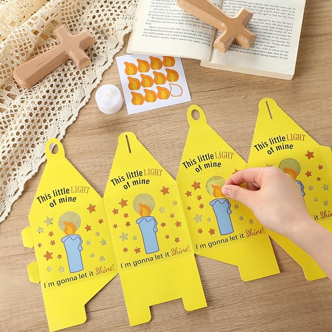 Simgoing 24 Sets Religious Candle Lantern Crafts with LED Candle Light Tissue Paper Light of Mine Lanterns Craft Kits DIY Vbs Christ Suncatchers Lanterns Hanging for Sunday School Christian Decoration