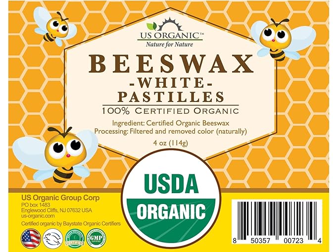 US Organic Beeswax 100% Pure White Pastilles, USDA Certified, for DIY Candle, Lip Balm, Body Cream, Lotion, Deodorant, Crayon, and Many More uses. 4 oz (Small)