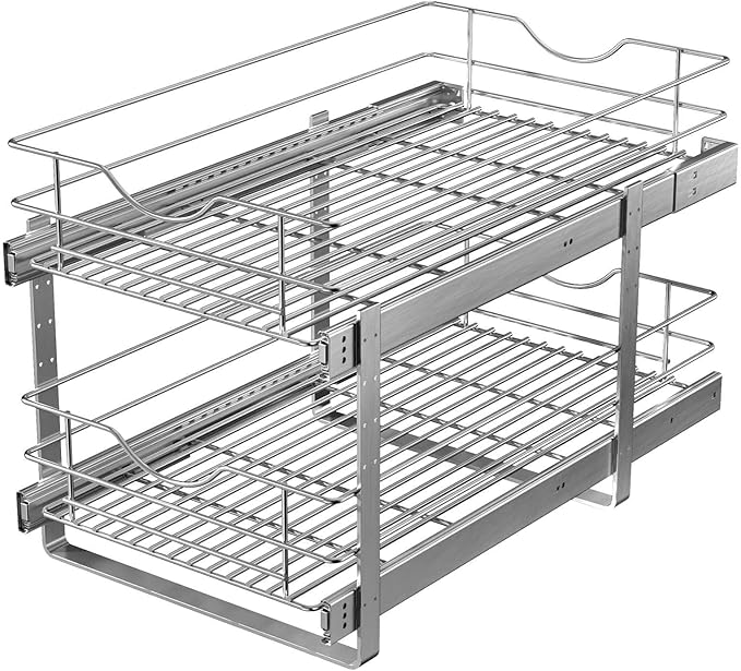 2 Tier Pull Out Cabinet Organizer,(14½"W x 22" D) Soft Close Slide Out Drawer For Kitchen Base Cabinet, Individual Pull Out Shelf, Roll Out Pantry Organization, 22 Inch Deep