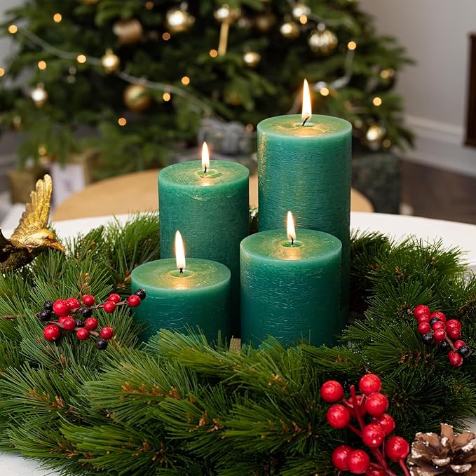 CANDWAX 3x3 Inch Green Pillar Candles Set of 3 - Rustic Unscented No Drip Green Candles for Weddings, Centerpieces, Home Décor, Christmas Decorations