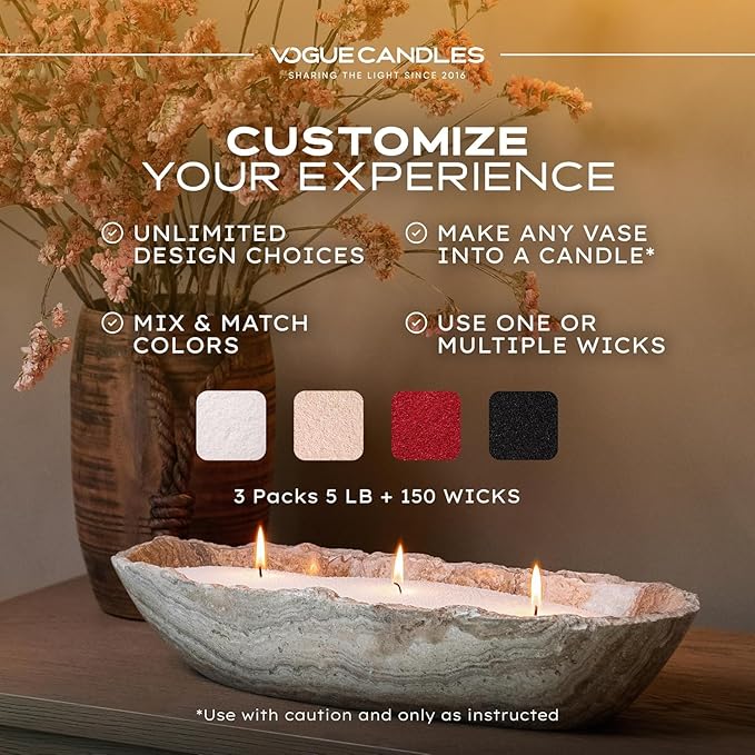 Vogue Candles Granulated Red Wax Refill – 5LB Pearled Candle Sand Wax – Sand Candle Kit with 150 Cotton Wicks for Christmas Candles – Plant-Based & Reusable for Clean Burning & Décor (3 Pack)