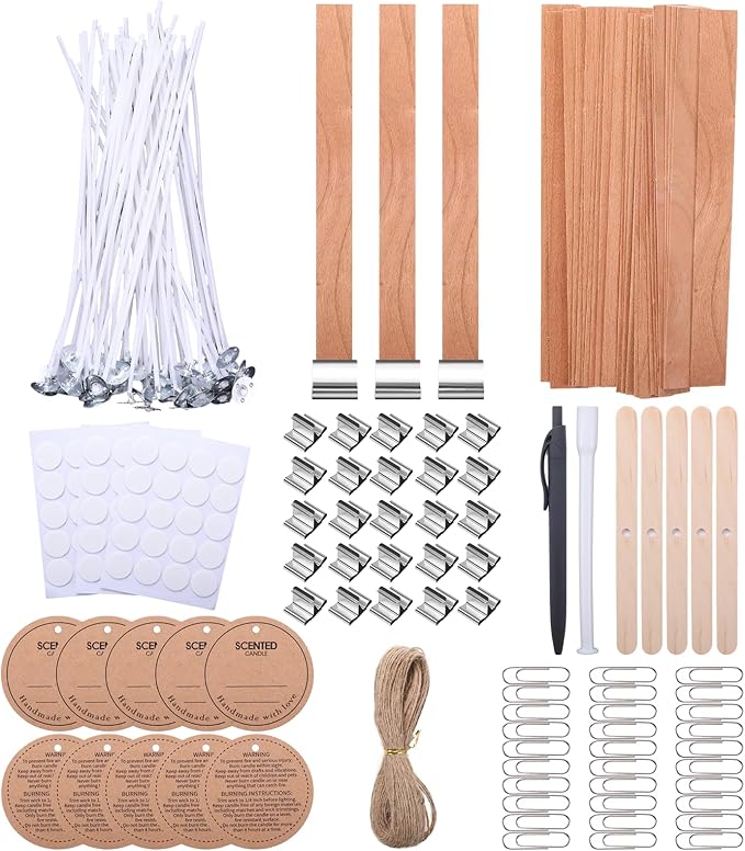 105 Pcs Candle Wicks Kit for Candle Making Cotton and Wooden Wicks Holders Stickers Ballpoint Pen for Soy Beeswax DIY Candles