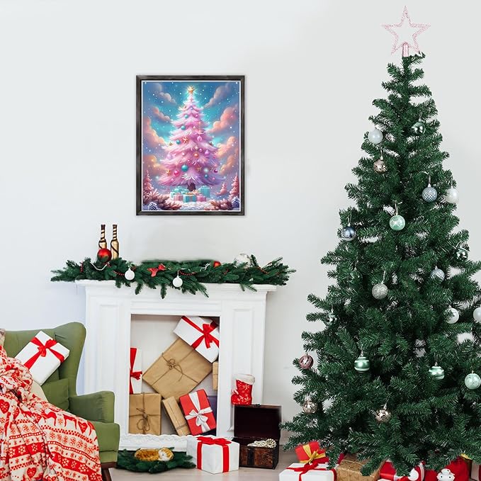 DOMROM Christmas Diamond Painting Kits, Pink Christmas Tree 5D Diamond Art Kits,Gem Art Painting with Diamonds Dots, Arts and Crafts for Beginners Adult Wall Decor 12 x 16inch