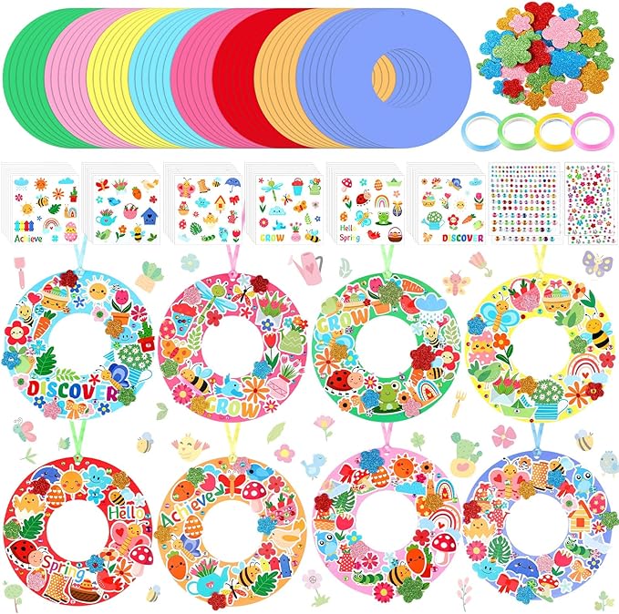 Hollowfly 48 Sets Spring Wreath Craft Kits DIY Wreath Hanging Ornaments Make Your Own Paper Craft with Stickers for Home Party Favors Activities