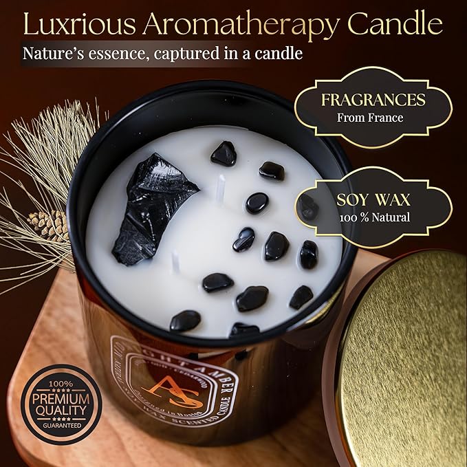 Amber Oud Scented Candle for Men 7.5oz, Coconut Soy Wax with Healing Crystals, Sage Candles for Cleansing House Negative Energy, Meditation Intention Decor, Manifestation Spiritual Gift