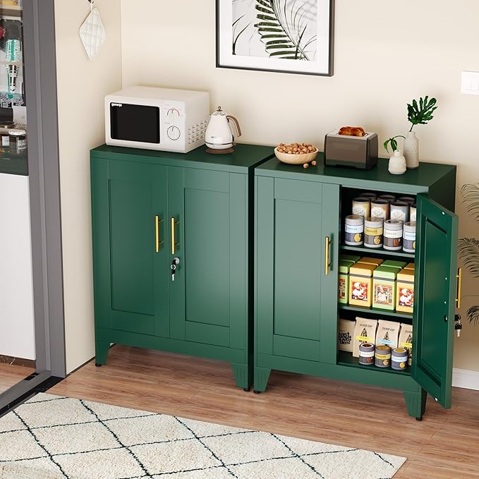 Green Metal Storage Cabinet, 36" Tall Locking Storage Cabinet with 2 Adjustable Shelves, Steel Locker Organizer, for Office, Home, School, 2PS