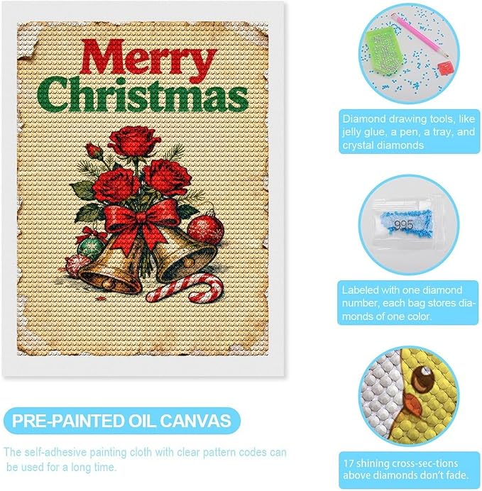 AIVKIEJK Diamond Painting Kits for Adults - Merry Christmas Santa, Holly & Vintage Painting DIY 5D Full Drill Diamond Dots Paintings with Diamonds Gem Art and Crafts Home Decor 12"x16"