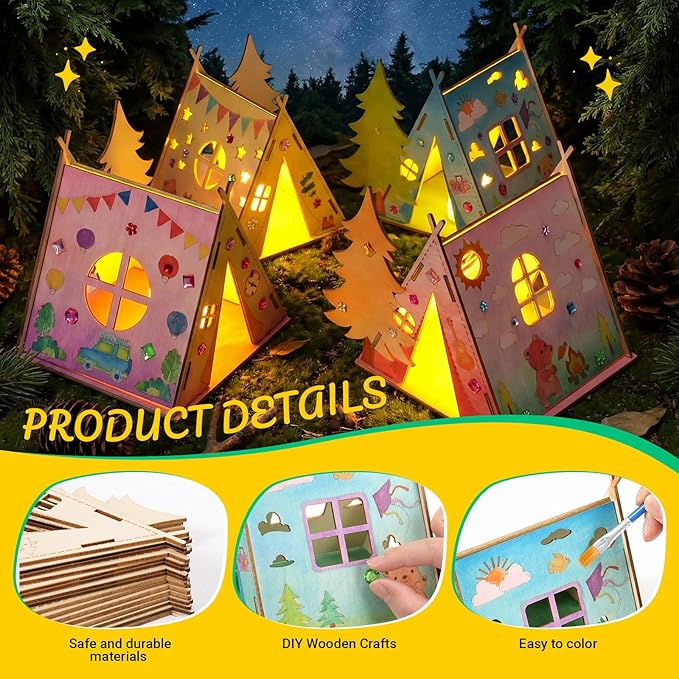 DoubleFill 12 Sets Camping Crafts Paint Camping Wood Tent with Flameless LED Candles and Acrylic Paint Kits for Crafts DIY Picture Frame Gifts Bulk Kids Summer Camp Party Favor for Home Vbs Sunday