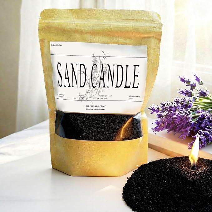 LONGDI Natural Pearled Candle Sand, 18 oz Scented Candle Sand with 25 Wax Wicks-DIY Refillable Candle Making Kit, Long-Lasting, Smoke-Free, Clean Burning Candles(Black, Lavender Scent)