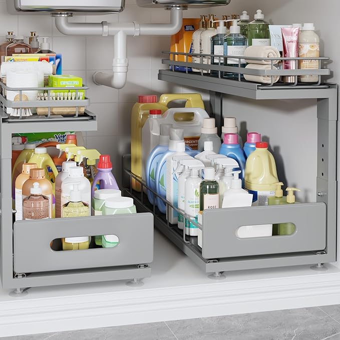 Under Sink Organizer Upgrade To Professional Rails,2-Tier Dual Pull Out Cabinet Storage,Height Adjustable Slide Out Drawers For Bathroom Kitchen,2 Pack-21"Dx12.8"-16.9"H,Gun Gray