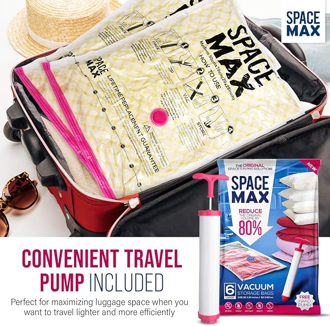 Large 6 Pack | SPACE MAX Premium Space Saver Vacuum Storage Bags - Save 80% More Storage Space - Reusable, Double Zip Seal & Leak Valve, Includes Travel Hand Pump