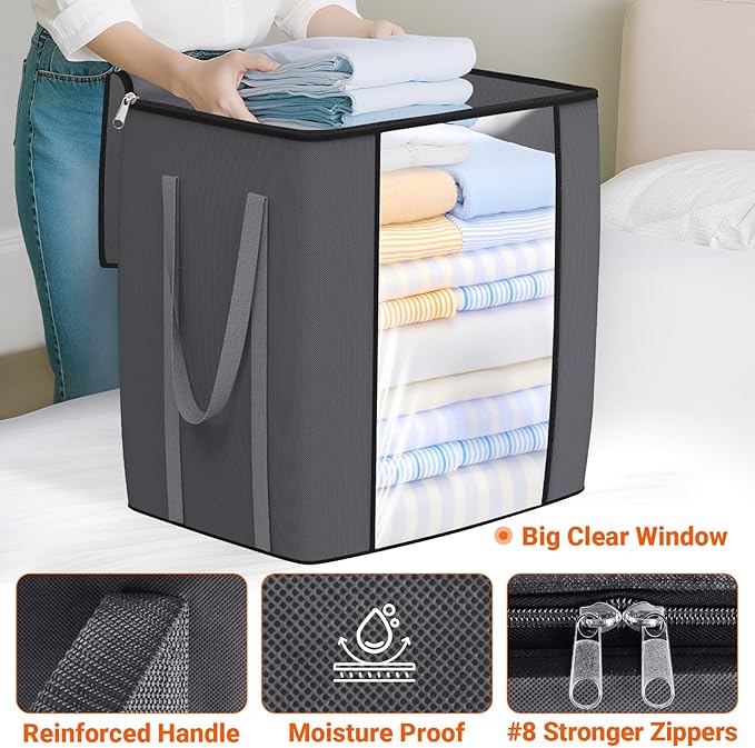 TasticTotes 120L Extra Large Clothes Storage Bags, Foldable Blanket Storage and Organization, Thick Fabric Containers with Reinforced Handles & Zippers for Clothing, Comforters, Bedding, Gray, 1 Pack